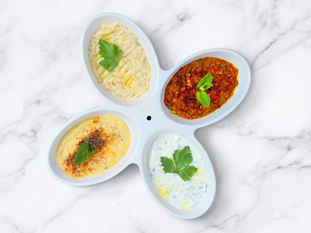 Mix Meze Plate (Humus, Ezme, Cacik, Baba Ganoush)