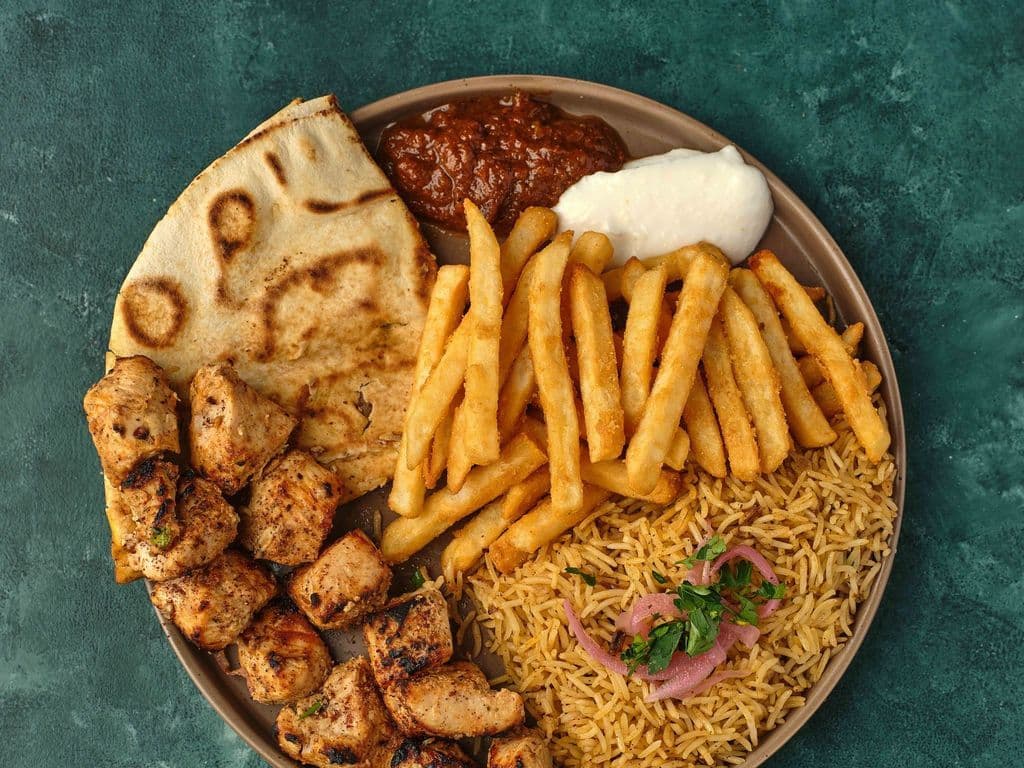 Shish Taouk Plate with Rice and Fries