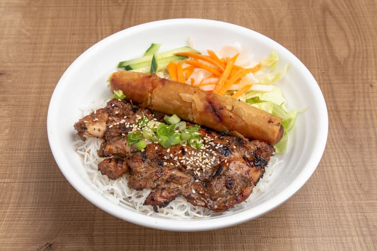 42. Grilled Lemongrass Chicken and Fried Roll on Vermicelli - Bun Ga Nuong Cha Gio