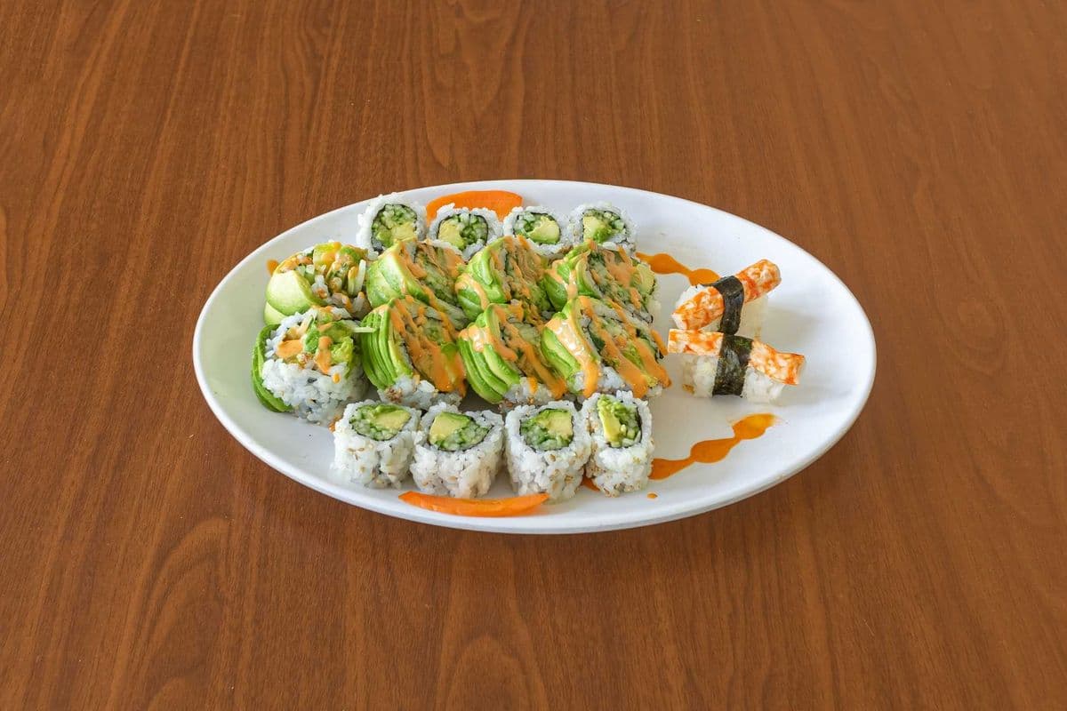 AC7. Green Veggie Dragon Roll (8 pcs), Vegan Crab Sushi (2 pcs), and Avocado Cucumber Roll (8 pcs)