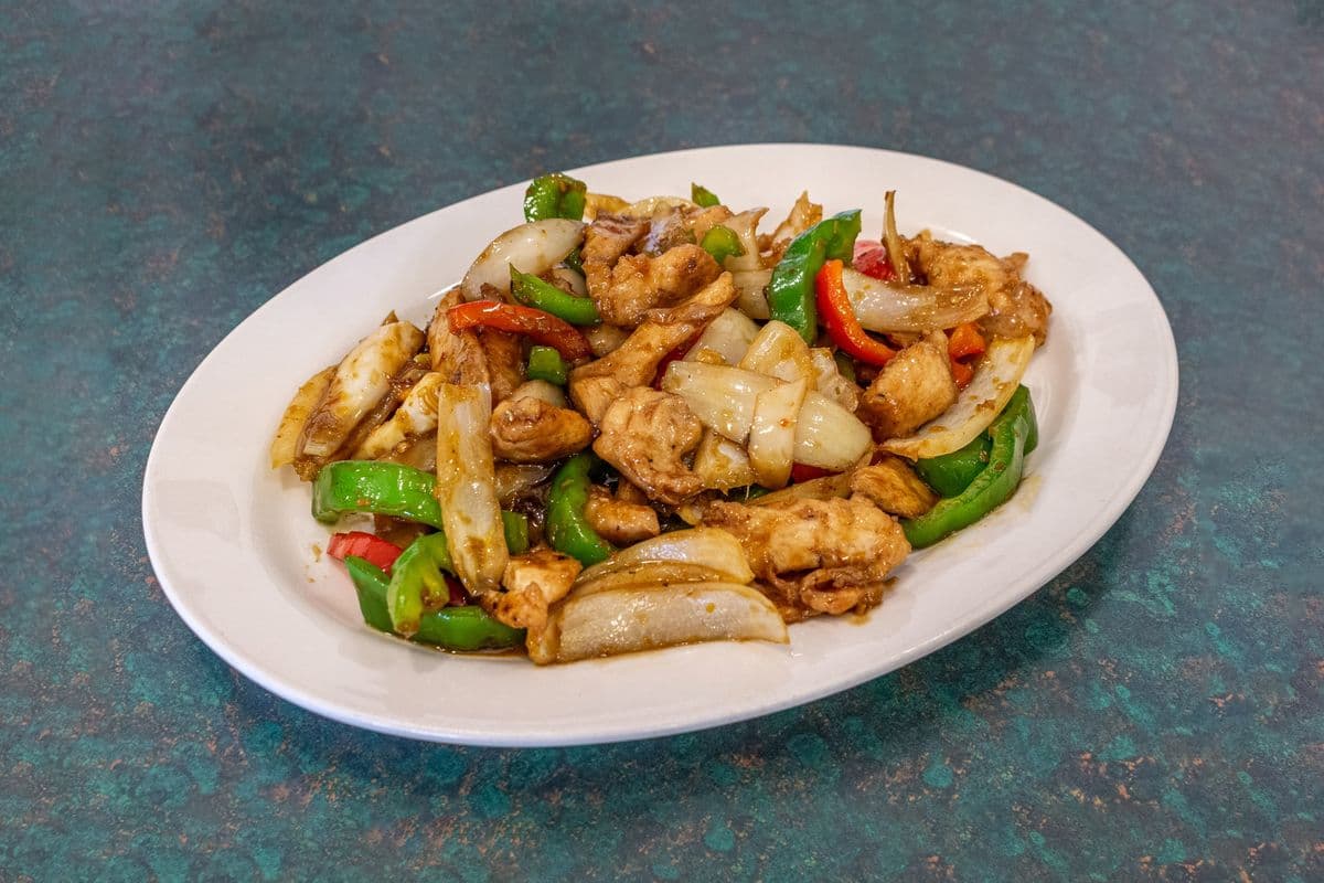 73. Pan Fried Lemongrass Chicken, Green Pepper and Onions