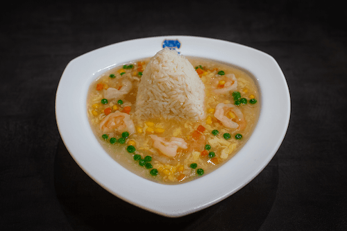 Gluten Free Swirled Egg Sauce on Rice with Prawns / 無麩滑蛋蝦球燴飯