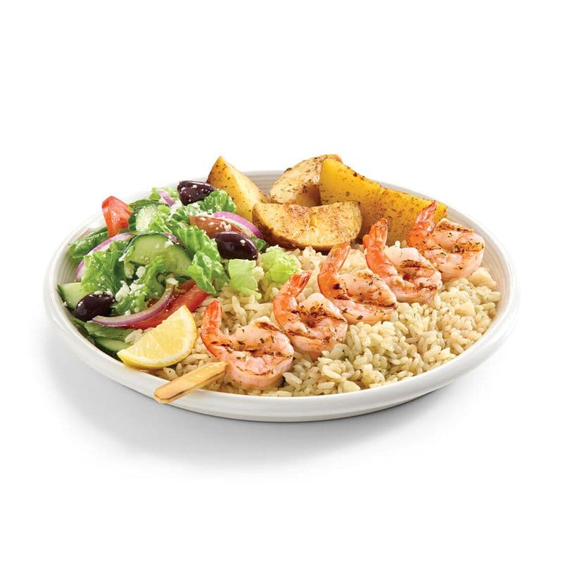 Shrimp souvlaki plate / Assiette de souvlaki aux crevettes