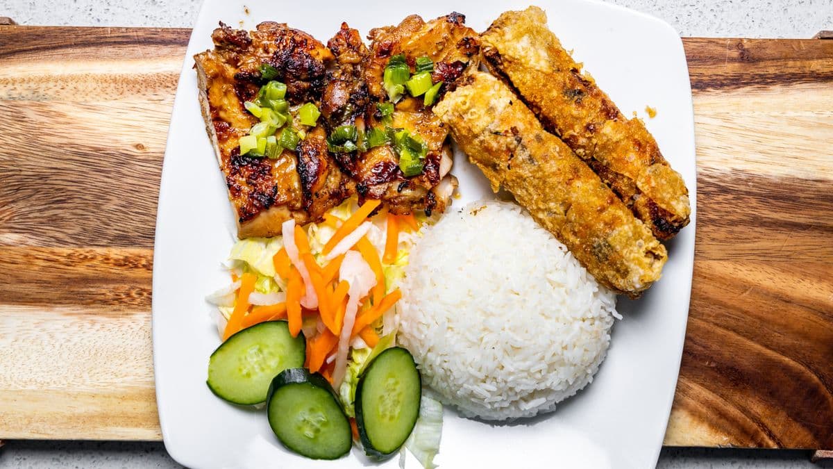 72. Grilled Lemongrass Chicken & Spring Rolls on Steamed Rice / Cơm Gà Nướng Sả Chả Giò