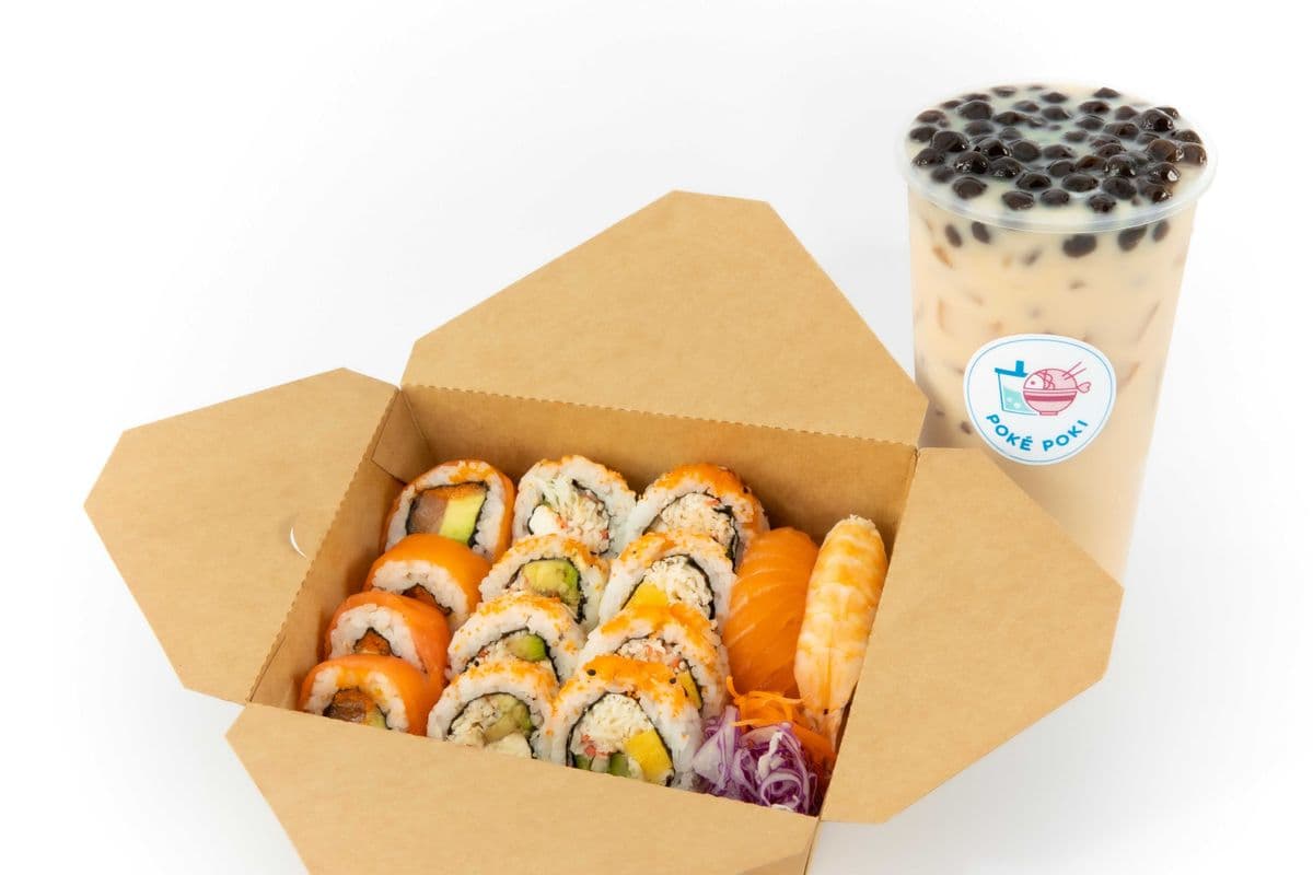 Sushi Combo 2 et Signature Thé au Lait avec perles de tapioca (14 Mcx) / Combo 2 Sushi and Signature Milk Tea with tapioca pearls (14 Pcs)