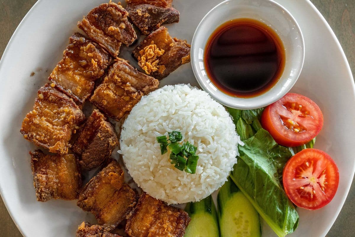 44. Deep fried honey pork belly w/ steam rice