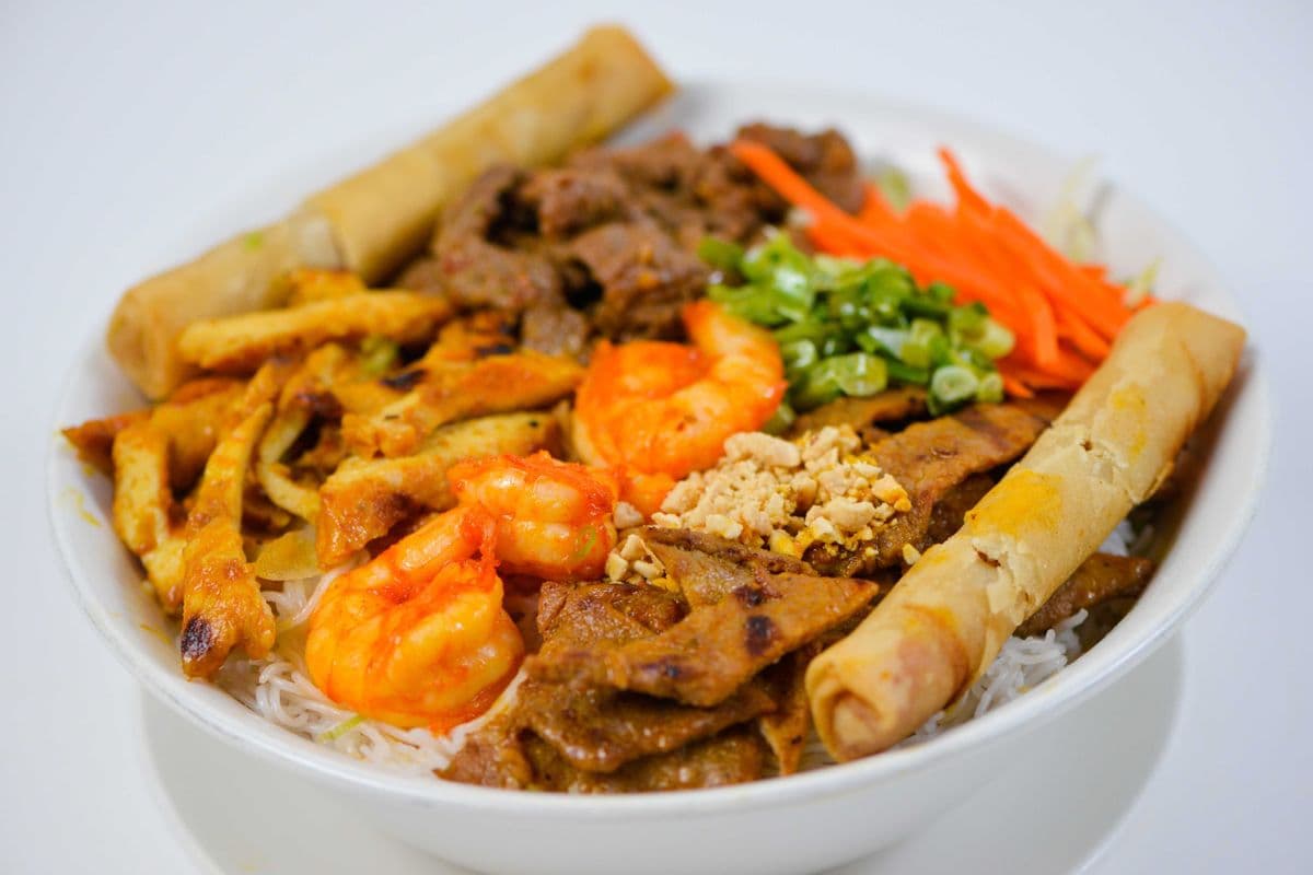 34. Vermicelli with Prawns, Satay Beef, Chicken, and Spring Rolls - Bun Tom, Sate Bo, Ga Nuong, Cha Gio