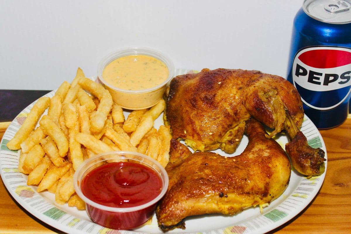 2xChicken Leg quarters, fries and a can of pop