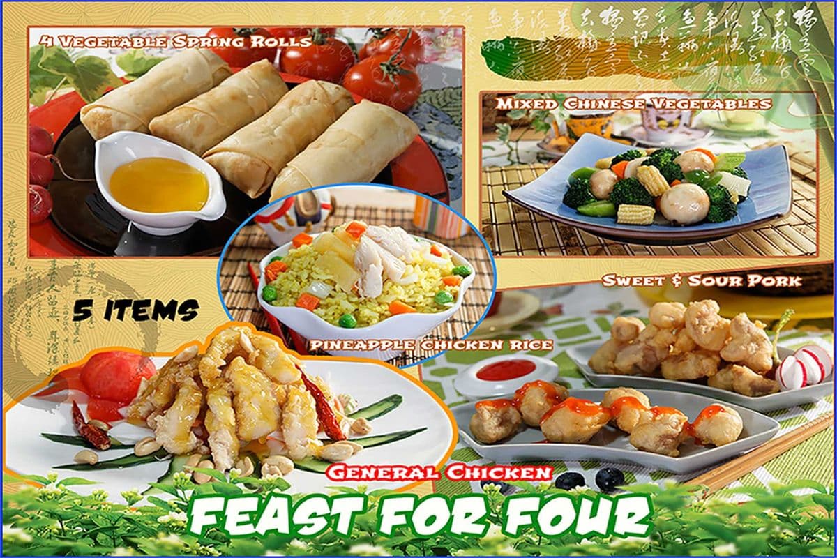Feast for Four (General chicken, 4 vegetable spring rolls, sweet and sour pork, mixed Chinese vegetables, pineapple chicken rice.)