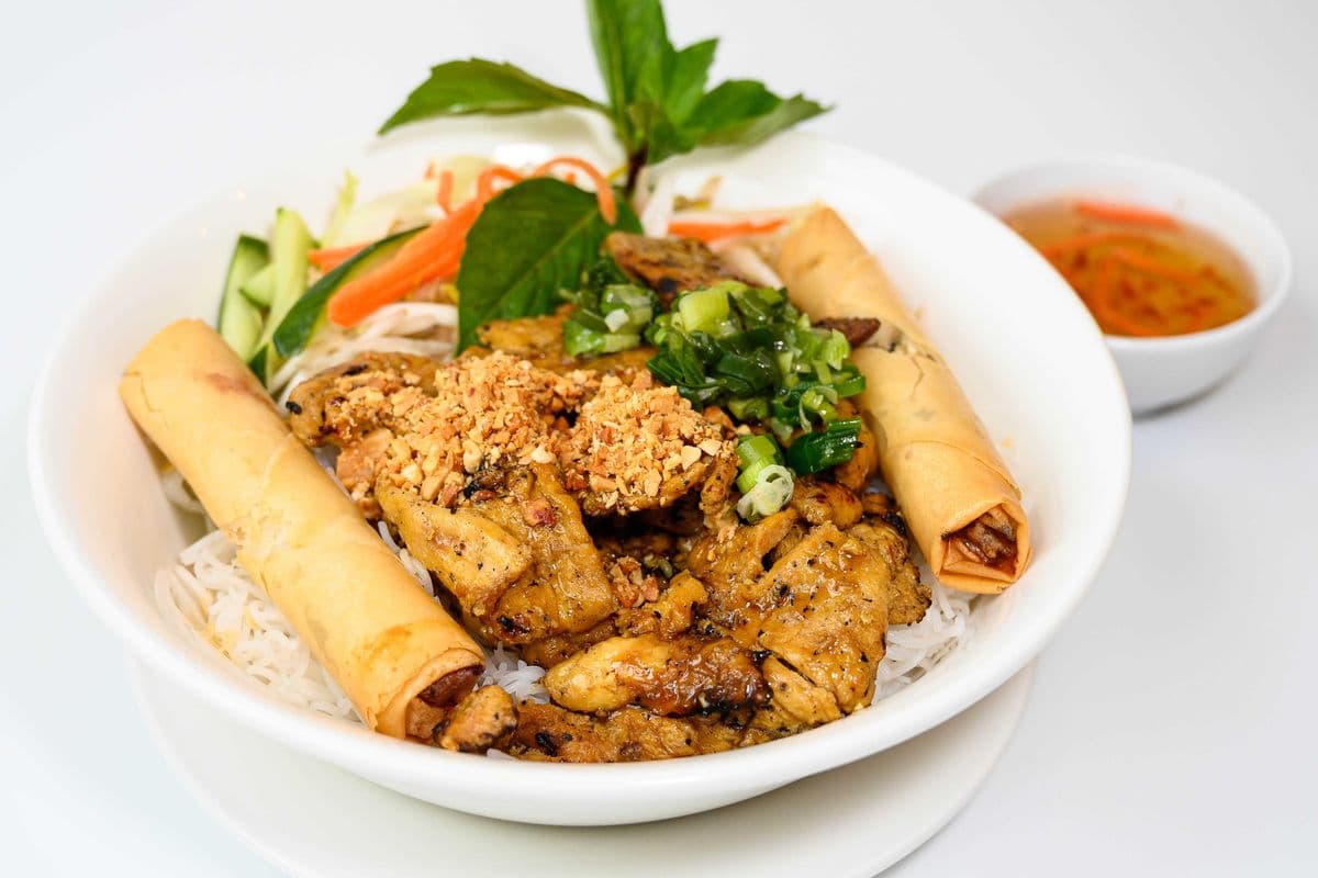 50. Grilled Chicken and Spring Rolls with Vermicelli
