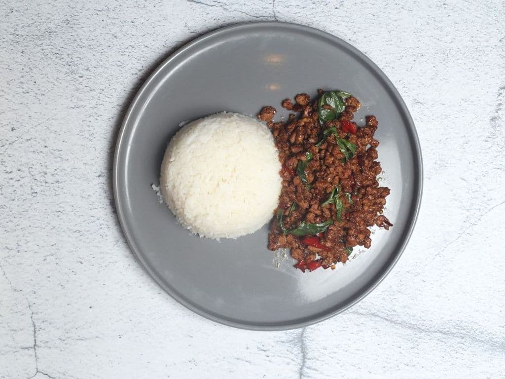 R5. Pad Gra Prow Ground Pork on RICE
