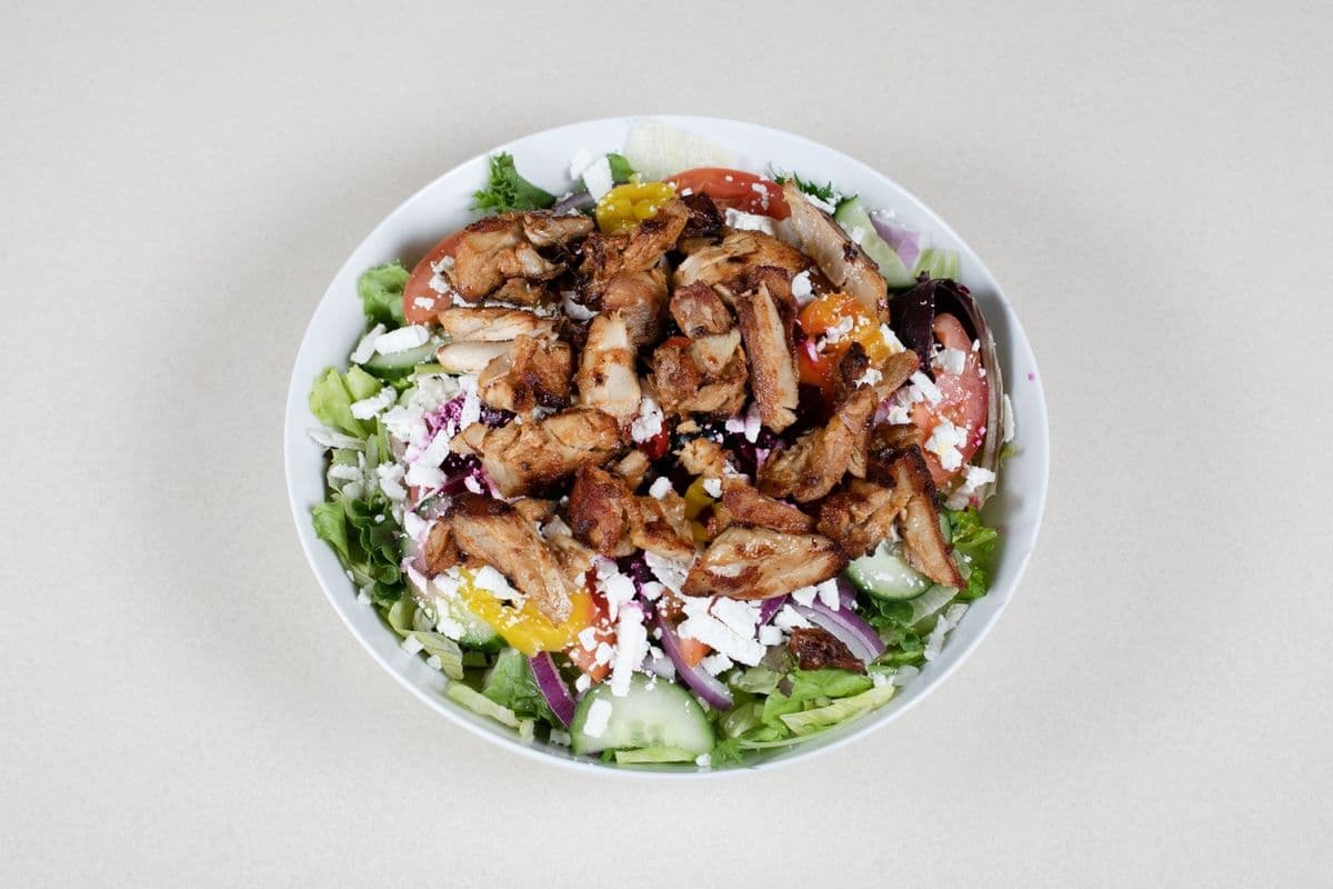 Medium Greek Salad with Chicken Shawarma.