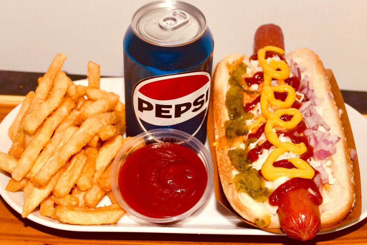 Hot Dog, Fries, and a can of pop