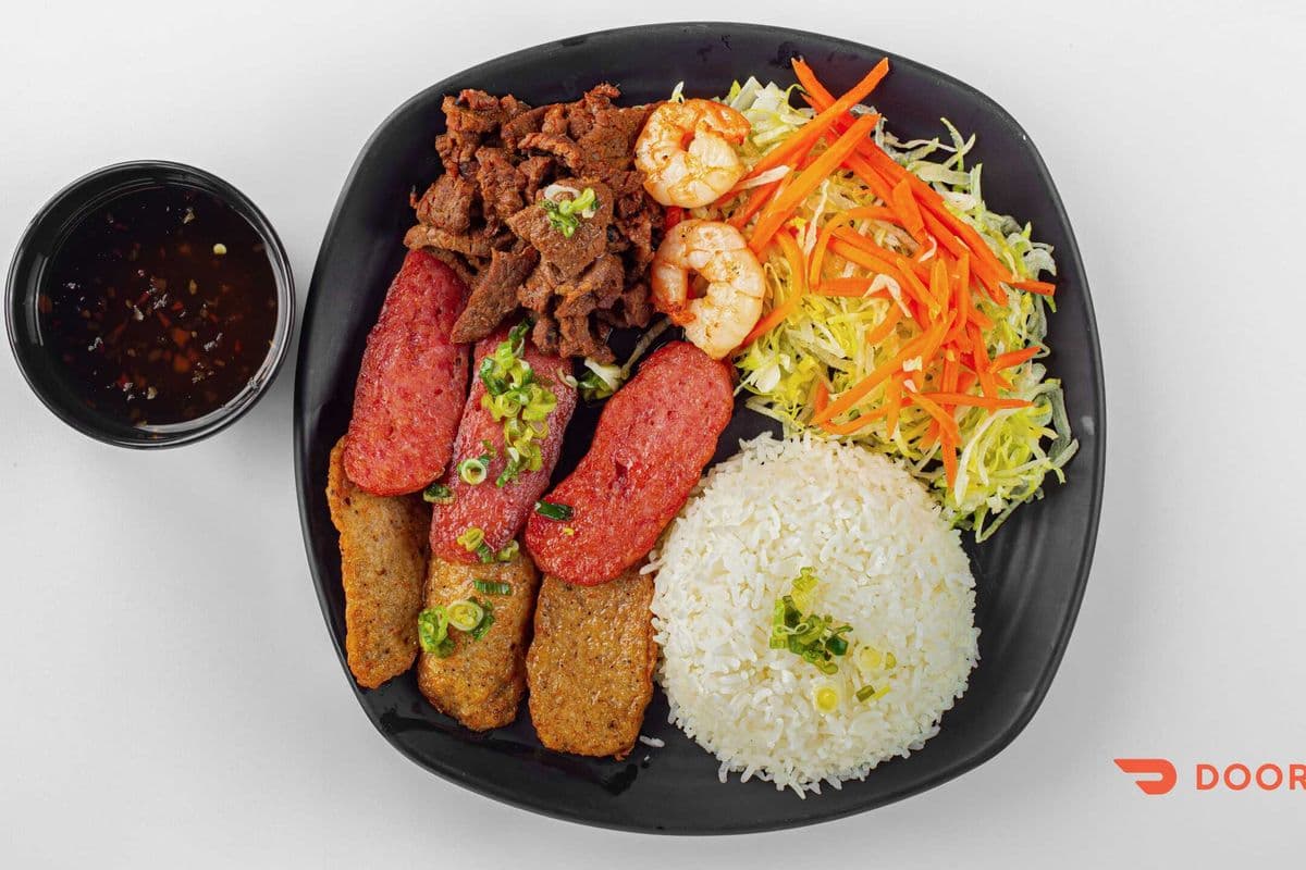 52. Special Charbroiled Shrimp Balls, Pork Balls, Sate Beef, and Shrimp on Rice - Com Dac Biet Four Mon