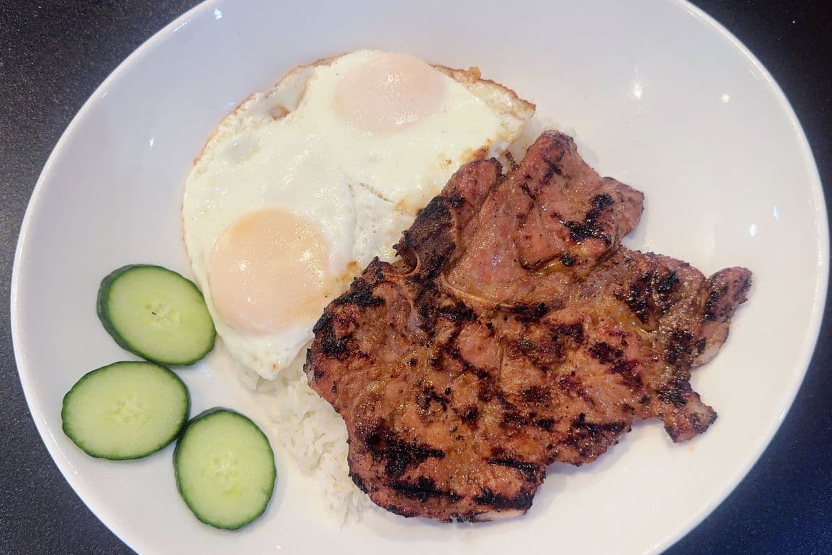 (NEW) 8b. Grilled Pork Chop, Fried Eggs.