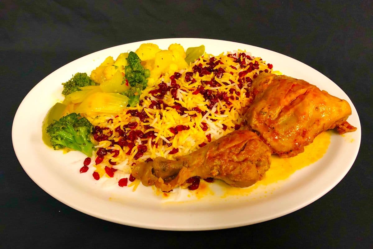 15. Zereshk Pelowe (Barberry Saffron Rice with Oven-Cooked Chicken)