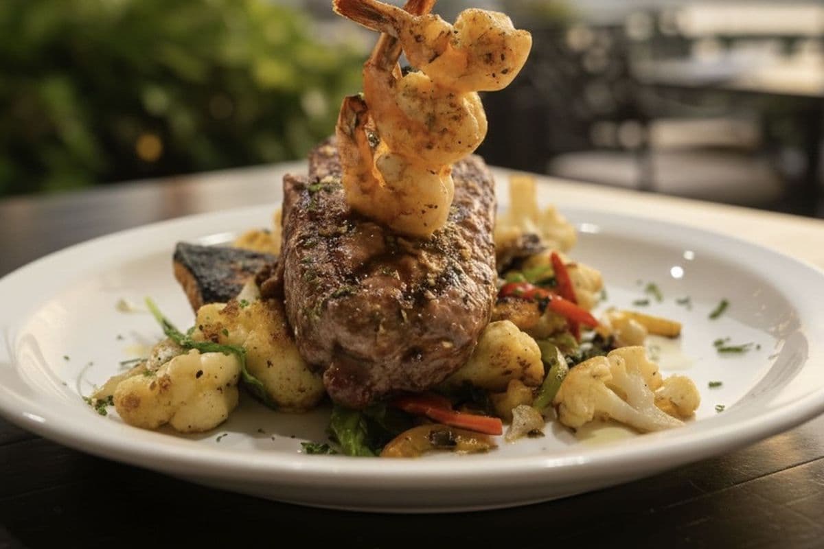 Striploin Steak with Shrimp (10 oz)