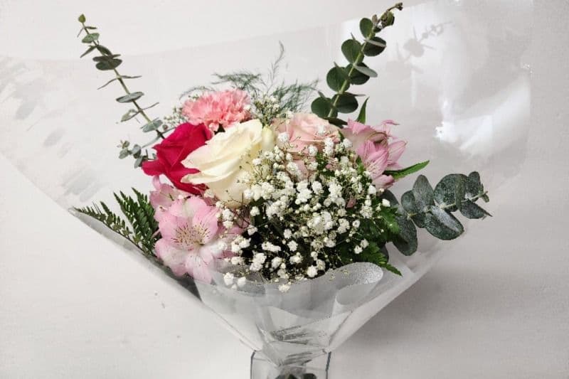 3 Roses, Baby's Breath, Eucalyptus, Carnation, and Green Astromelia