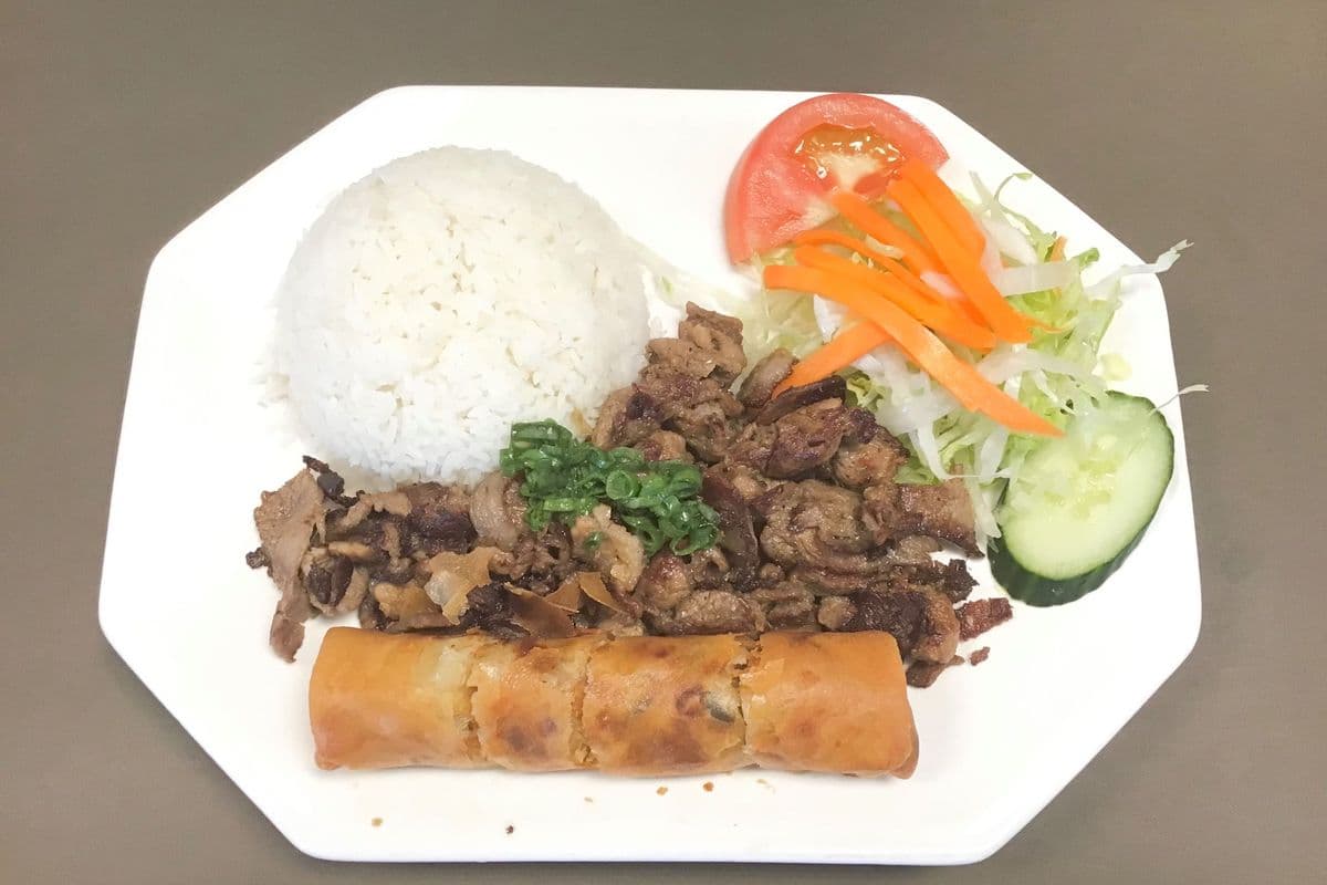 C12. Grilled Lemongrass Pork Slices & Spring Roll on Steamed Rice / Cơm Thịt Heo Nướng Xả, Chà Giò