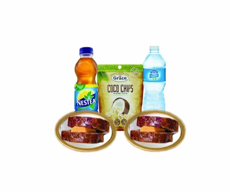 Two Jamaican Bun and Cheese Snack - Banana Chips - Water And Ice Tea