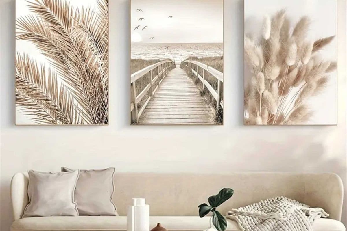Modern Art, Beige Bohemian Leaf Grass Seaside Beach Set of 3 SKU103W