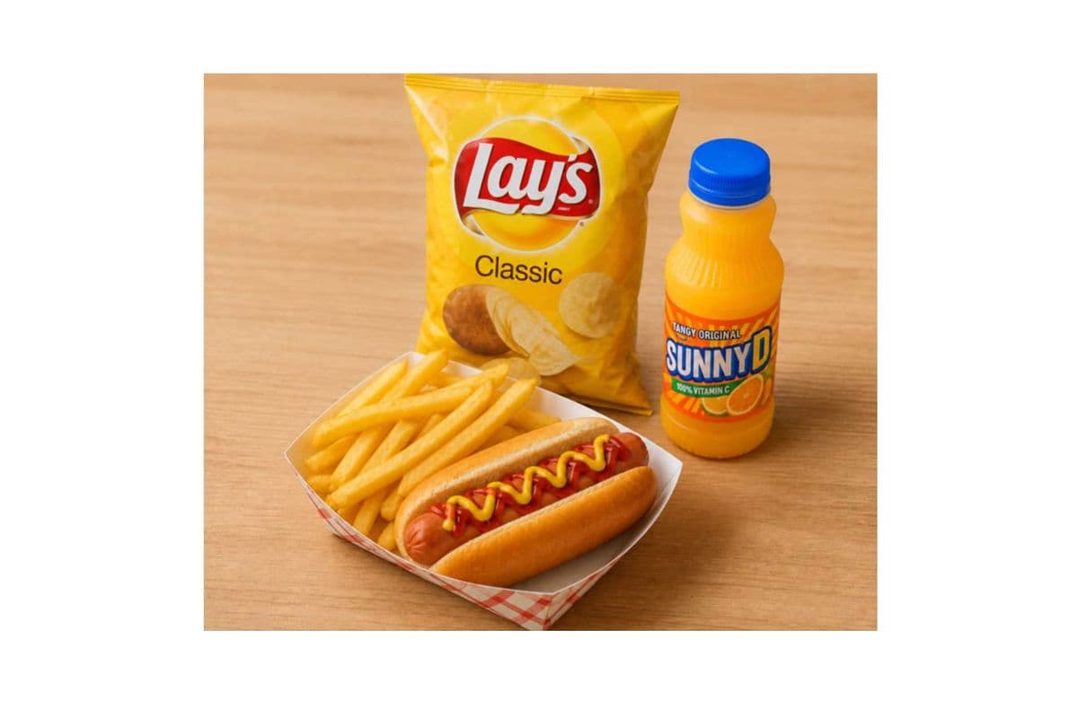 French Fries + Hot Dog + Sunny Delight + Lays Classic Chips