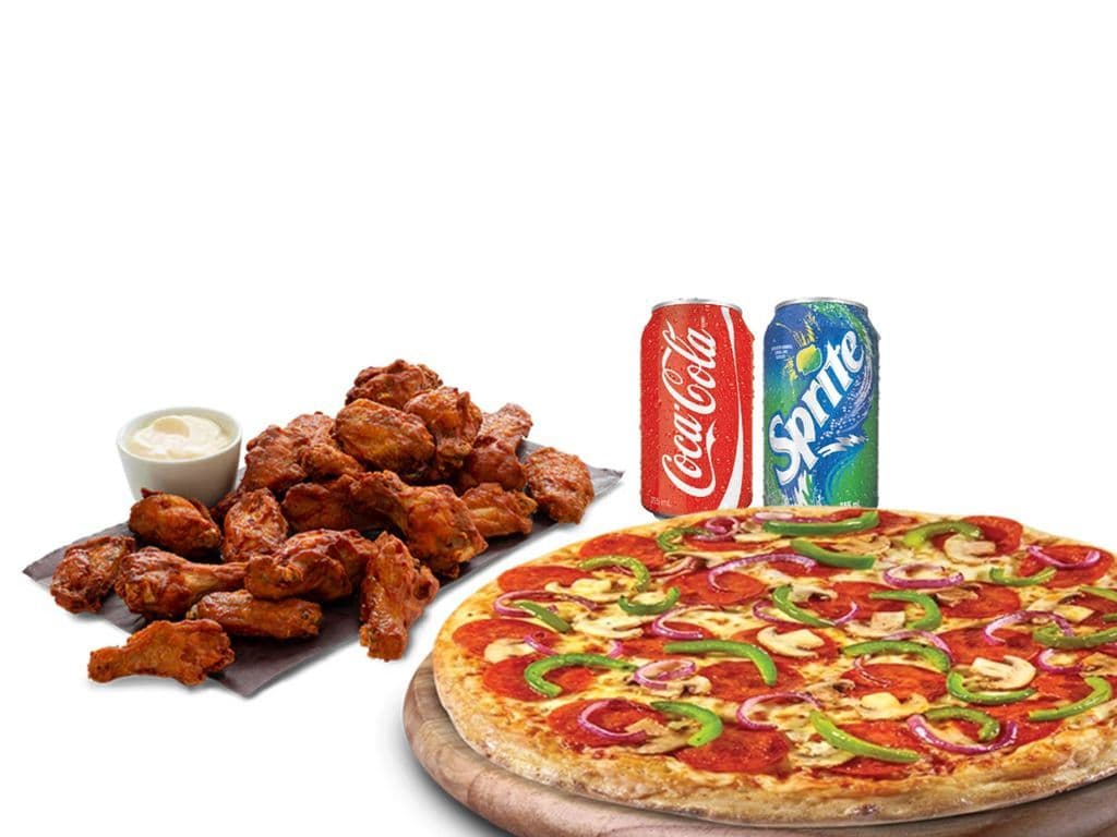 1 Large 3 Topping  20 Wings 2 Dip & 2 Pop