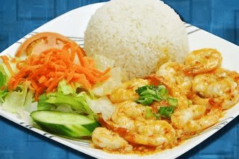 519. Stir-Fried Shrimp Butter with Garlic on Steamed Rice - Com Tom 10 Con Xao Bo Toi (10 pcs)