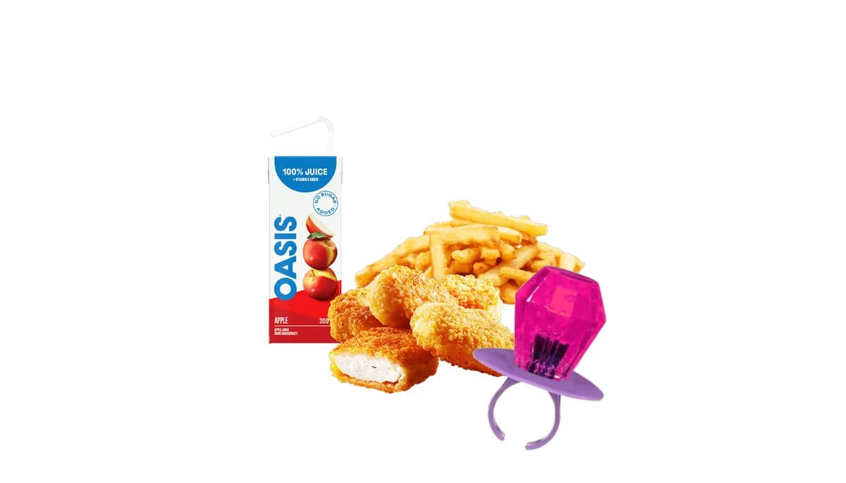  Repas 4 croquettes de poulet Enfant (4 croquettes, frites, jus, et bonbon RingPop)