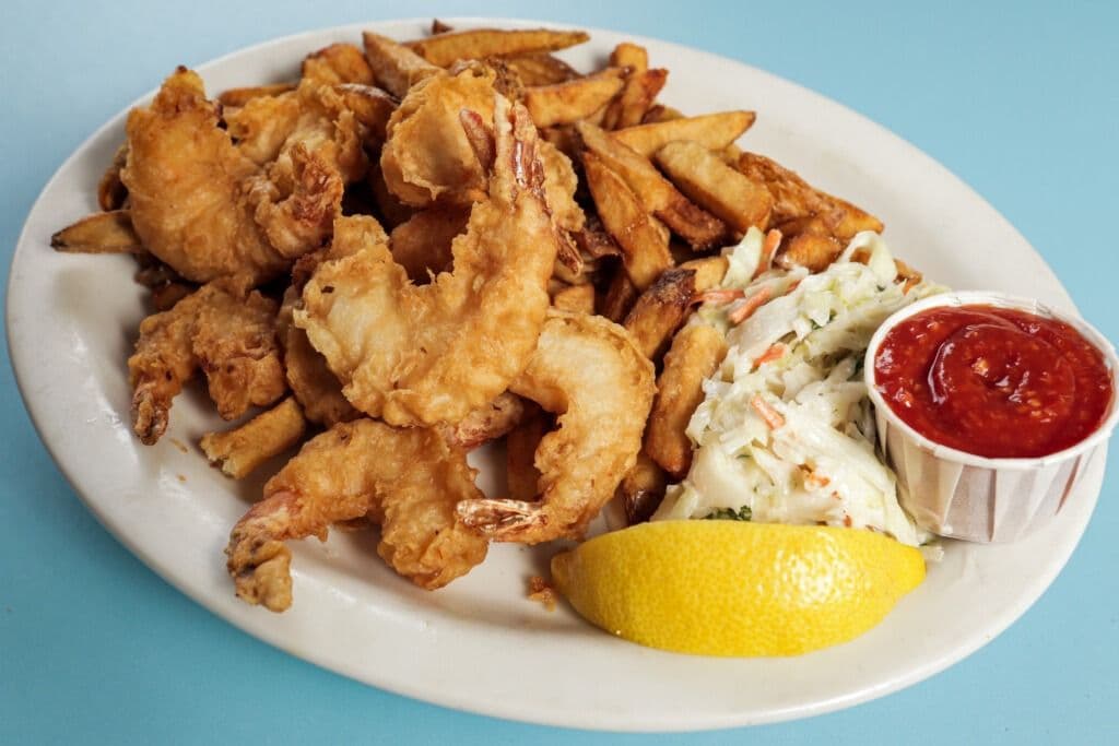 Nine Shrimp or Scallops, Chips, and Coleslaw