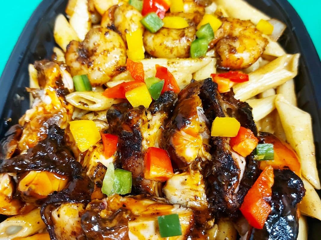 Shrimp and Jerk Chicken Alfredo Pasta