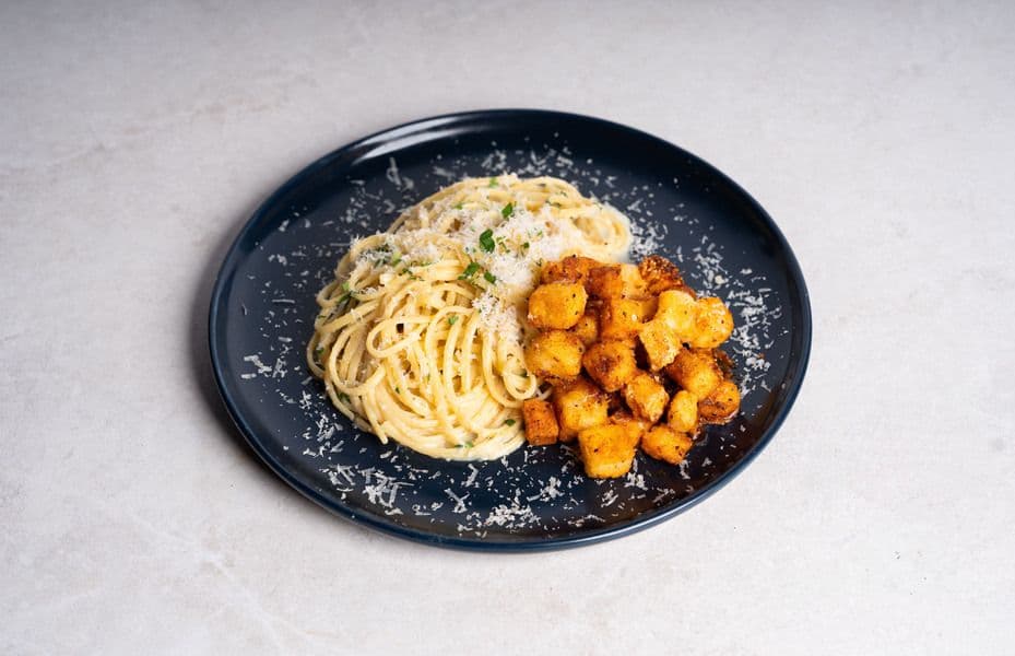 Crispy Cajun Tofu Alfredo Linguine