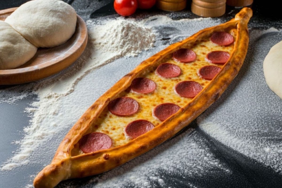 Cheese pide with halal pepperoni