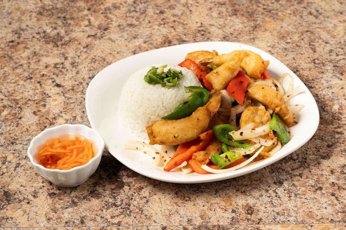 A. Deep-Fried Salt and Pepper Shrimp or Squid on Rice - Com Tom (Hoac Muc) Rang Muoi