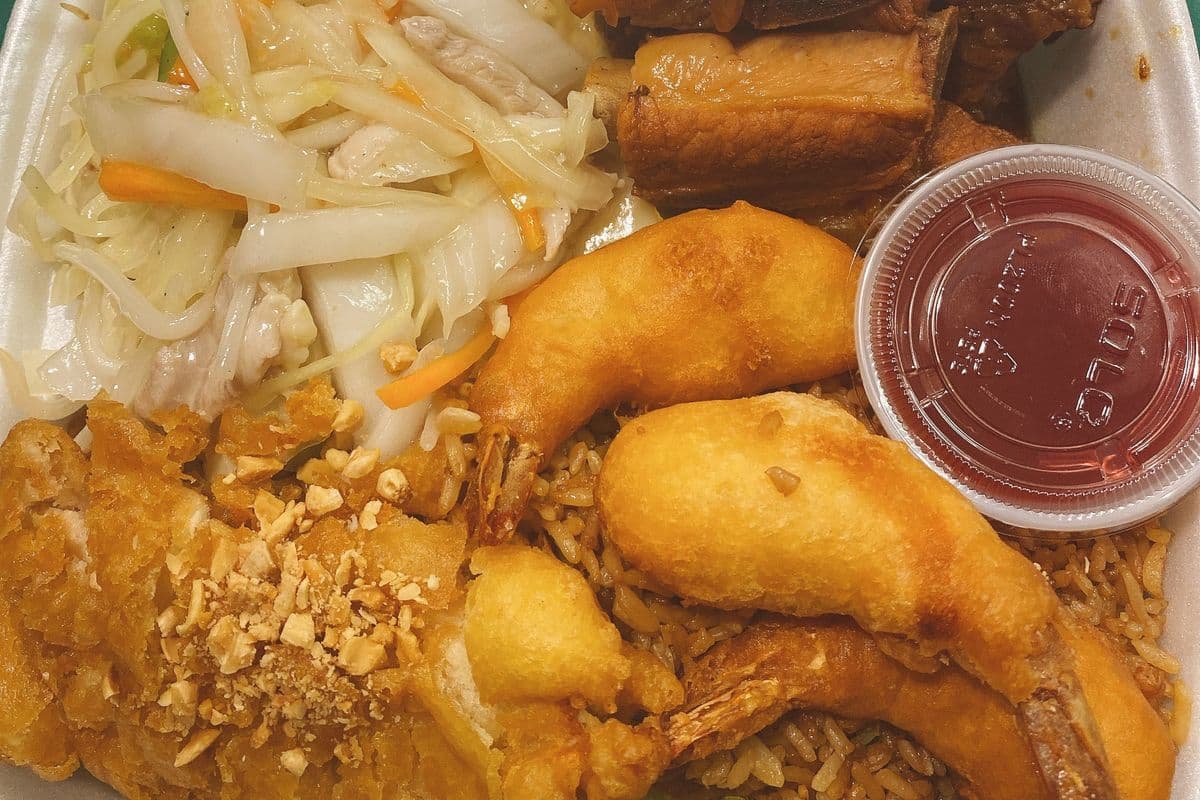 9. Egg Roll, Chicken Fried Rice, Sweet and Sour Shrimps, Chicken Chow Mein, Honey Garlic Spare Ribs, and Soo Guy