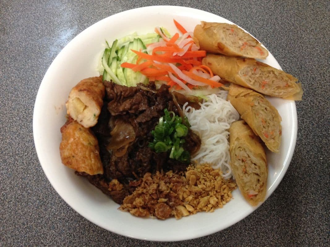 15. Grilled Pork, Spring Roll, and Prawns Sugarcane with Vermicelli or Rice - Cha Gio, Thit Nuong, Chao Tom, Bun Hoac Com