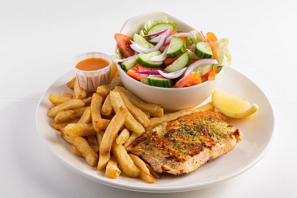 Grilled Atlantic Salmon with Chips and Garden Salad