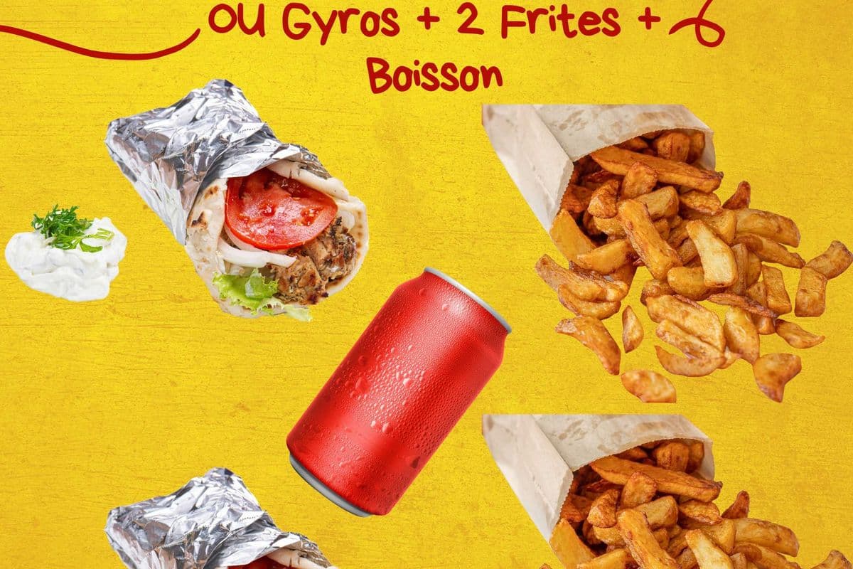 2 Souvlaki au Poulet OU Gyros + 2 Frites + Boisson