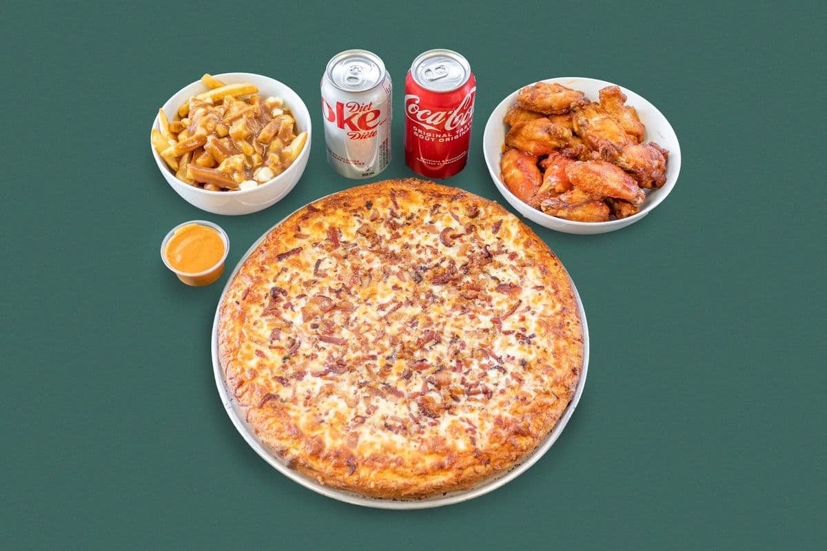 Medium Three-Topping Pizza, Wings or Poutine, Pop and Dip