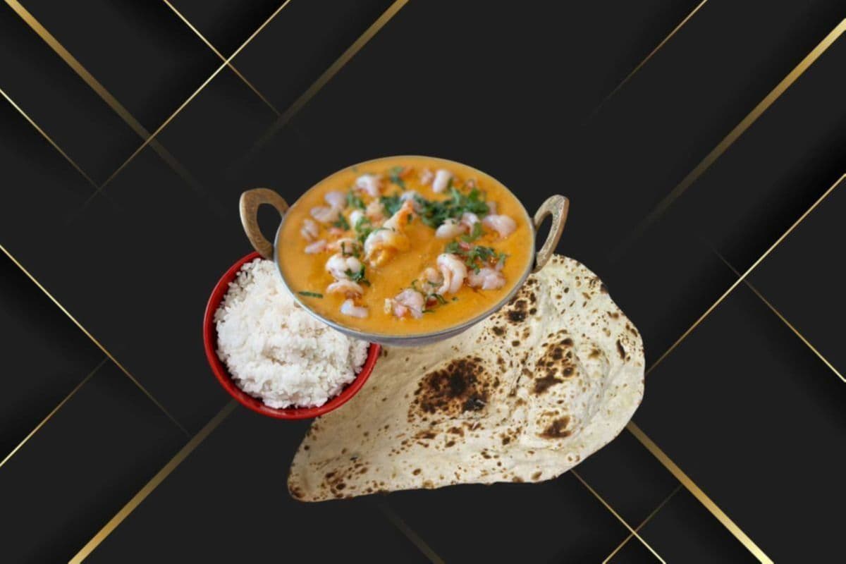 Prawn Curry, Rice, and Naan