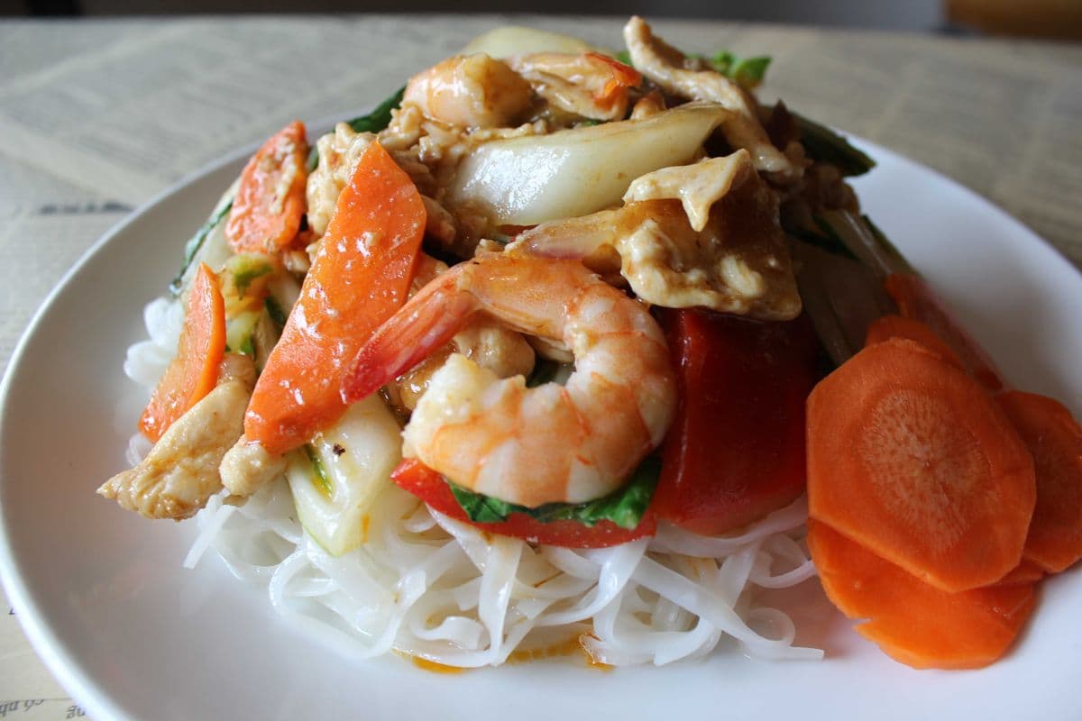 11. Hu Tieu Xao / Red Curry Stir-Fry On Flat Noodles (Protein Options Available)