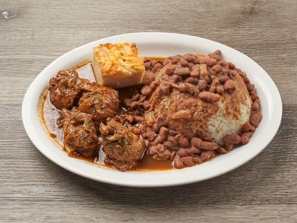 Stew Chicken, Red Beans, & Macaroni Pie on Rice
