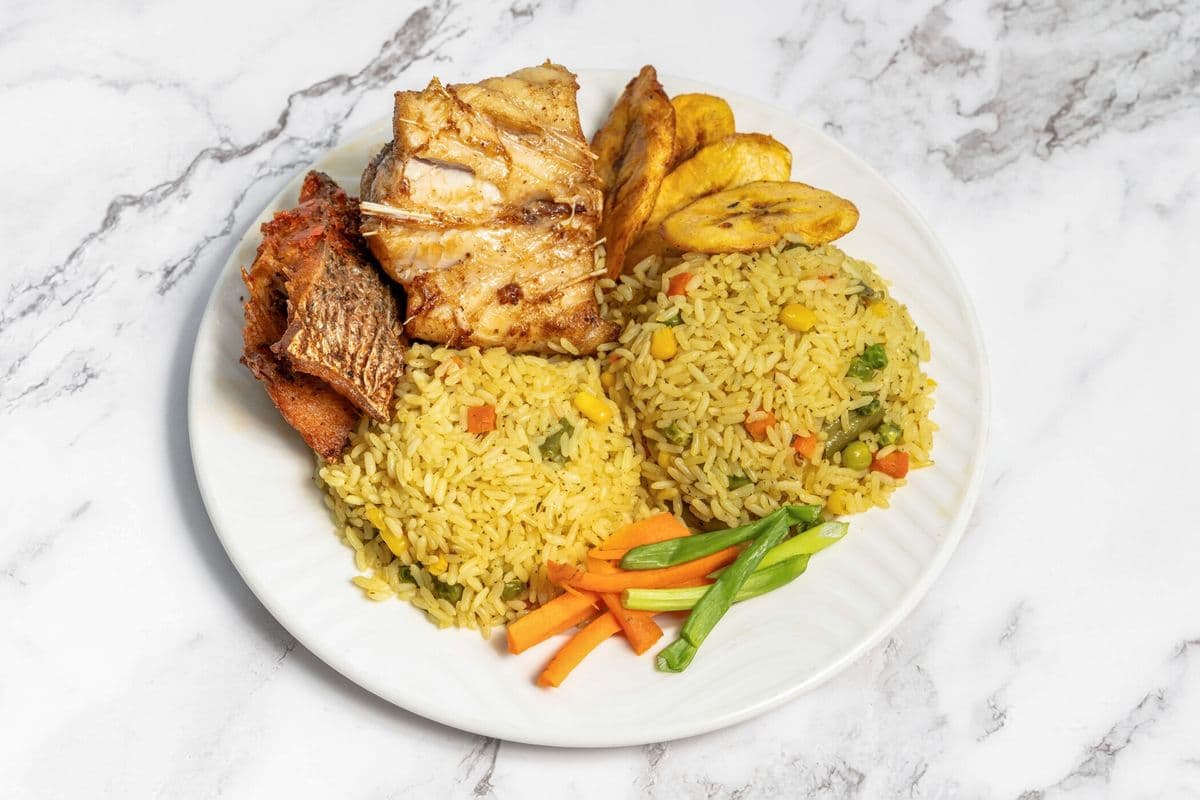 Fried Rice and Croaker Fish and Plantain (2 pcs)