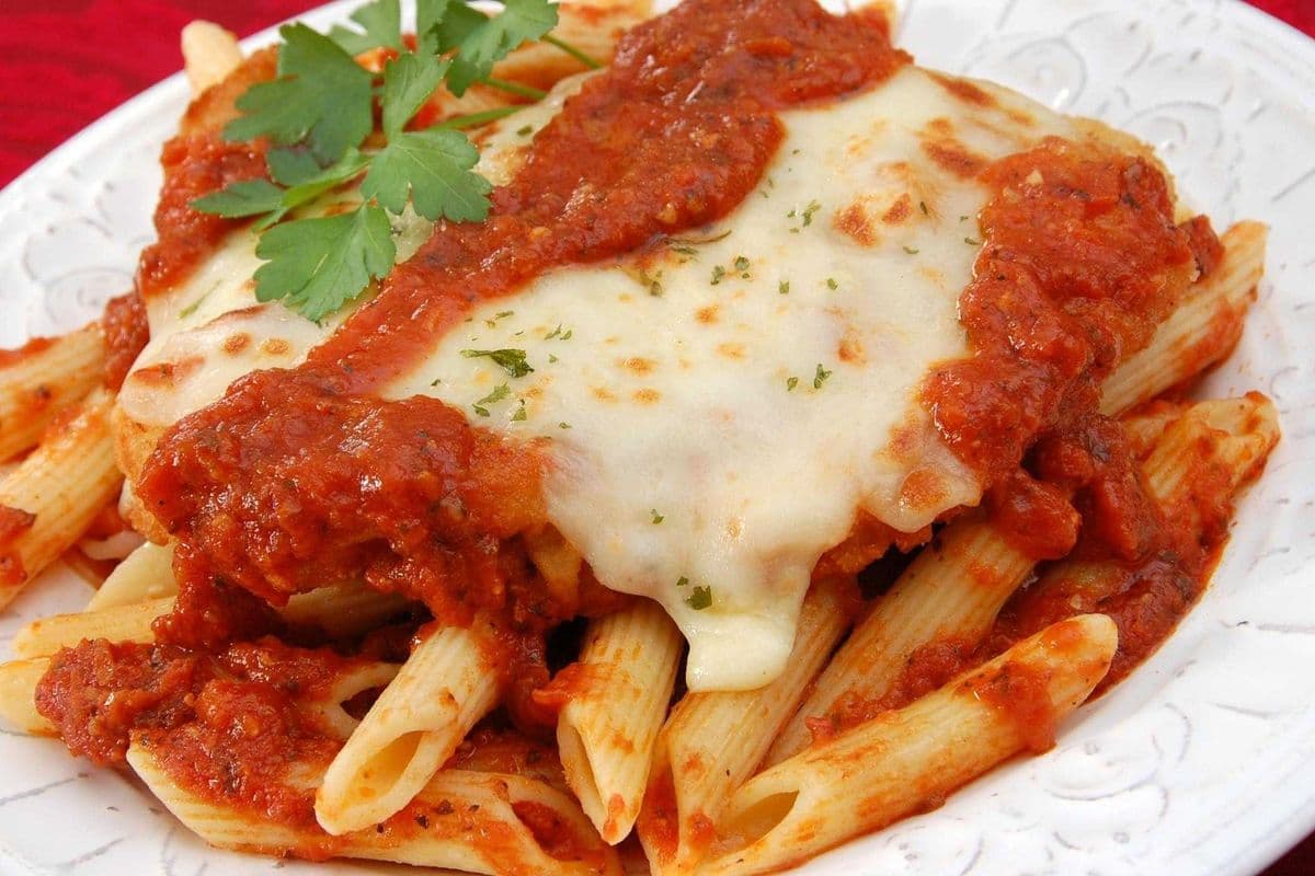 Chicken Parmigiana and Penne (side)