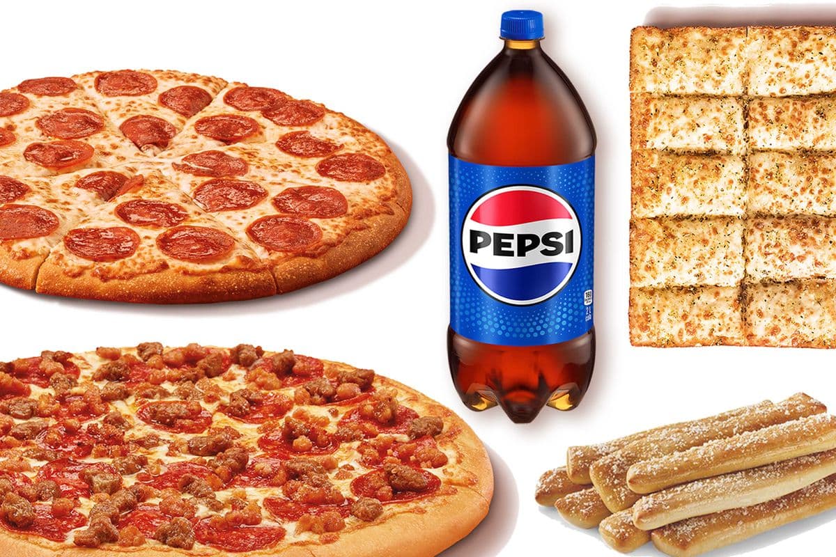 Classic Pepperoni Pizza, Three Meat Treat Pizza, Crazy Bread, Italian Cheese Bread, and Pepsi® (2L)