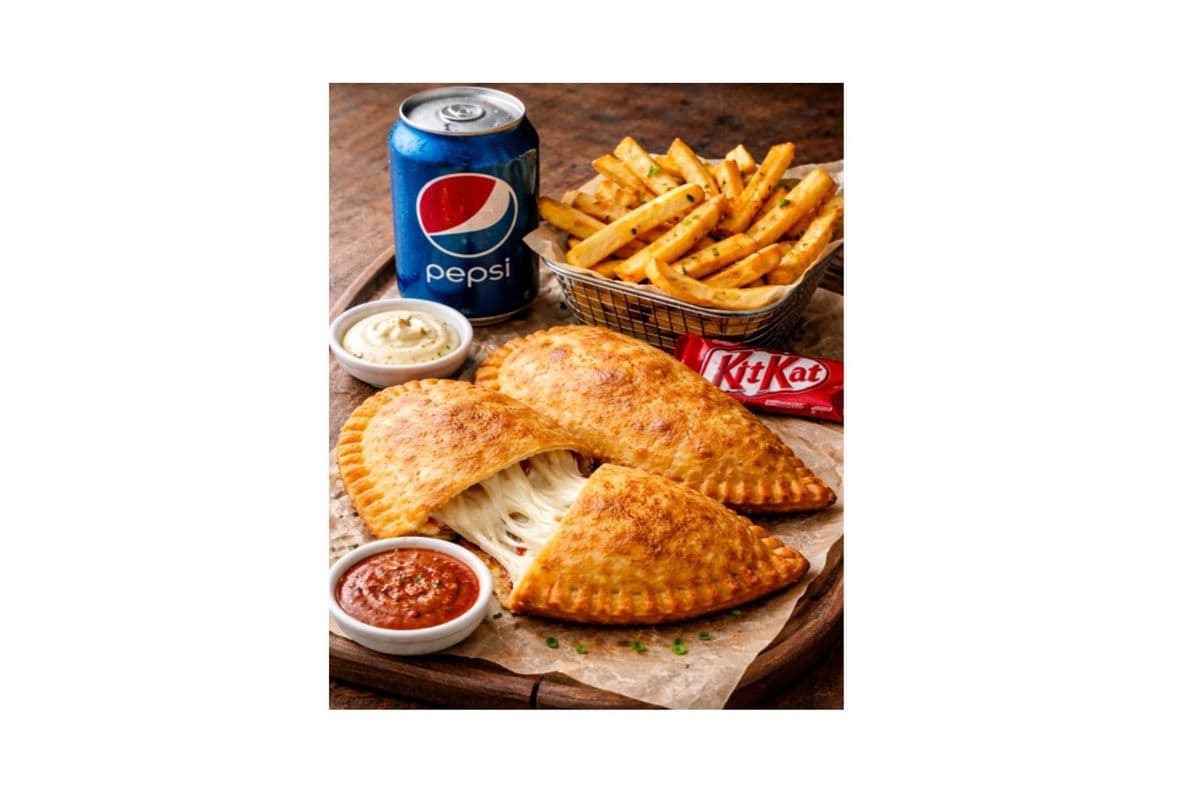 2 Pizza Panzerotti, French Fries, Pepsi and Kit Kat