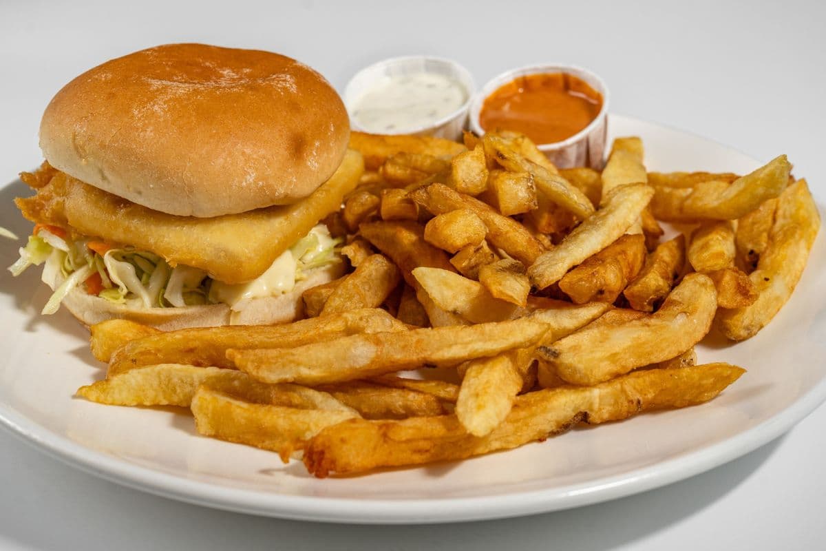 Halibut Fish Burger and Chips