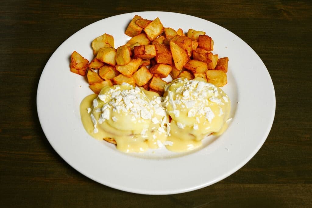 Greek Benedict Gyro Meat, Onion, and Feta