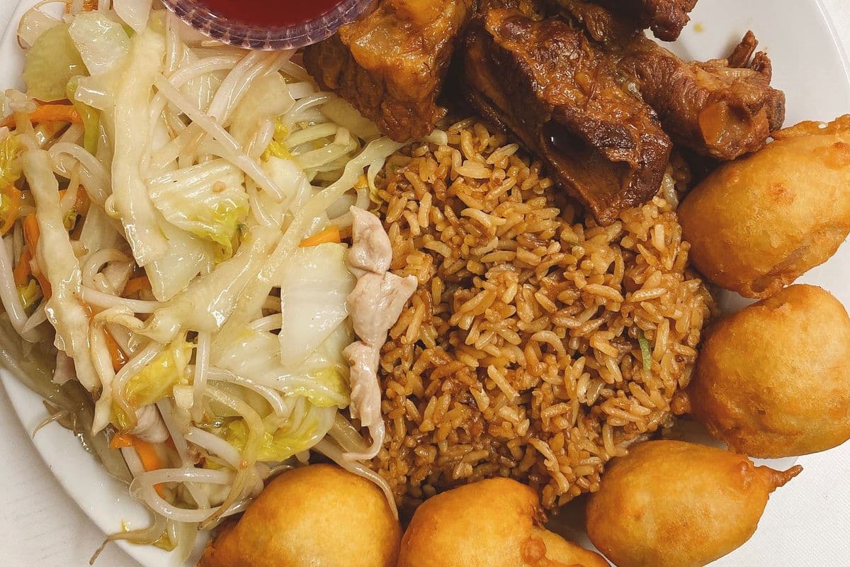 6. Egg roll, Chicken Fried Rice, Chicken Chow Mein, Chicken Balls, and Honey Garlic Spare Ribs