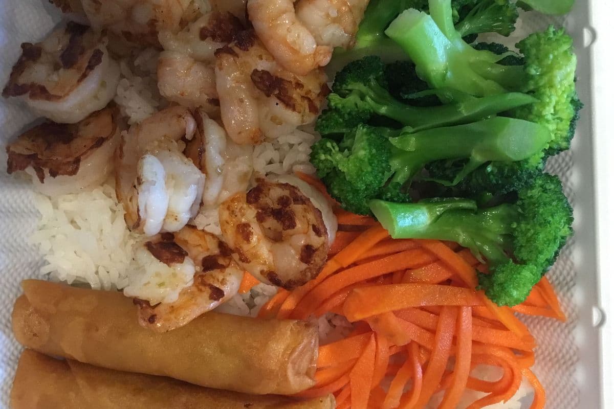 29. Charbroiled Prawns and Two Spring Rolls Rice Plate
